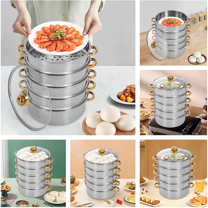 Steamer 26*42cm/10.24*16.54in, 5-tier Stainless Steel Steam Cooker w/ Clear Lid & Gold Anti-scald Handles, Home Stackable Multipurpose Steam Pot for All Hobs (1x1.32Gal Bottom Pan, 4xSteamer Baskets)