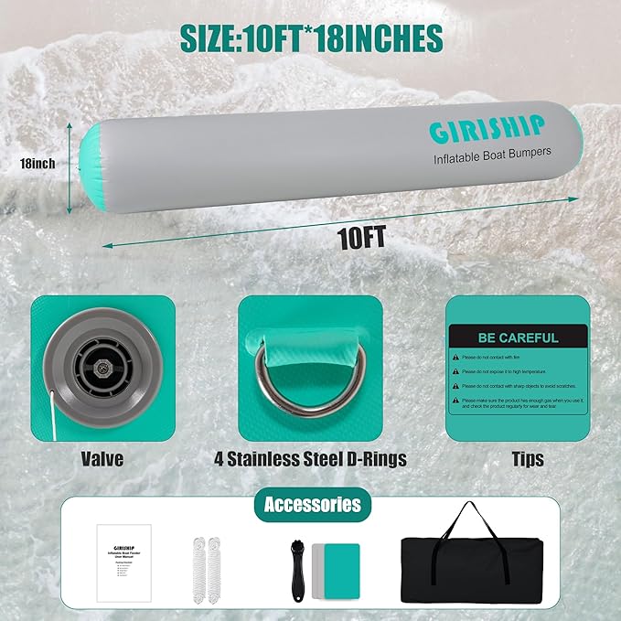 10'×18"/24" Inflatable Boat Bumpers, Large Boat Fenders for Docking, Boat Bumpers for Docking with Mooring Ropes, Heavy Duty Dock Bumper for Yacht or Fishing Boat