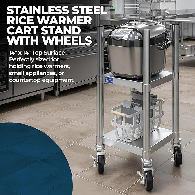Commercial Stainless Steel Rice Warmer Cart Stand with Wheels – 14" x 14" Mobile Utility Stand for Kitchens & Restaurants | Heavy-Duty Design