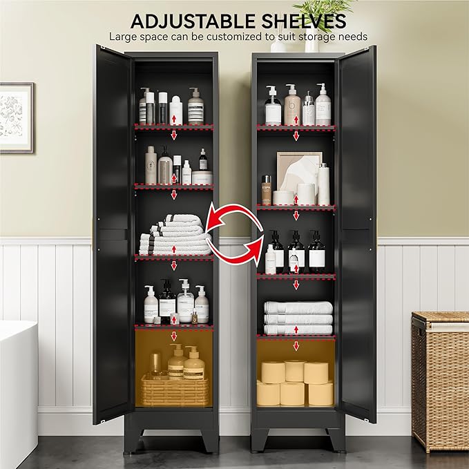 COFaR 67" Modern Pantry Cabinet, Black Storage Cabinet with Magnetic Door & 4 Adjustable Shelves, Slim Freestanding Cupboard for Office, Kitchen, Bathroom