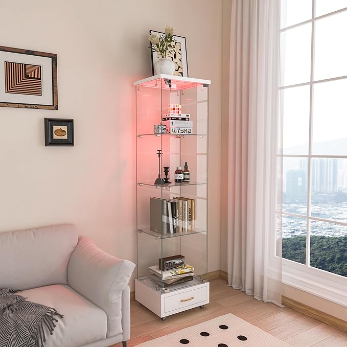 Yoluckea 4 Tiers Glass Display Cabinet with LED Lighting and Drawer, 1 Door Floor Standing Curio Cabinet with Wheel for Home, Office, Corner Display, White Glass Bookshelf for Collections and Decor