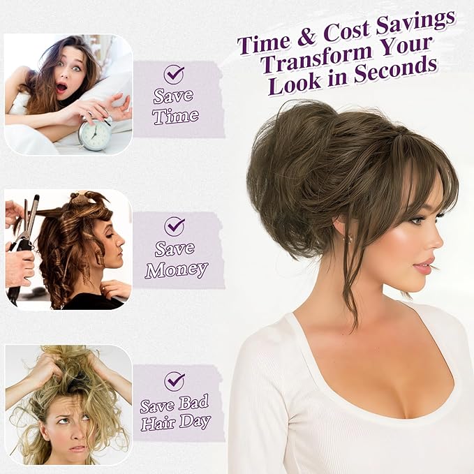 BARSDAR Claw Clip Short Human Hair Ponytail Extension with Bendable Metals - DIY Styles 8 Inch Real Human Hair Brown Mix Messy Bun Hairpieces for Women - Thick Natural Short Ponytail Daily