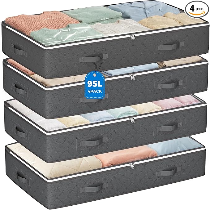 95L Under Bed Storage Containers, 4 Pack Closet Organizers Grey | Foldable by BuddingJoy-BuildaJoyfulLifeforYou