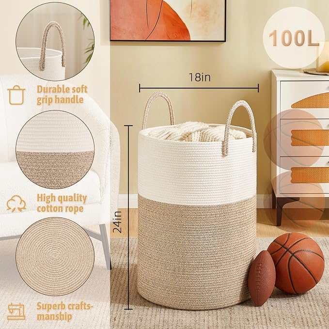 Artfeel Laundry Basket, Woven Cotton Rope Laundry Hamper, 100L - Image 6