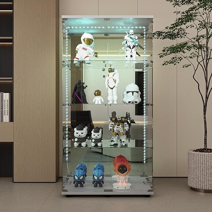 Glass Display Cabinet with LED Light Strip & Mirror Back Panel, 4 Shelves with 2 Doors, Curio Storage Cabinets with Lock for Living Room, Office, Floor Standing Glass Bookshelf - White
