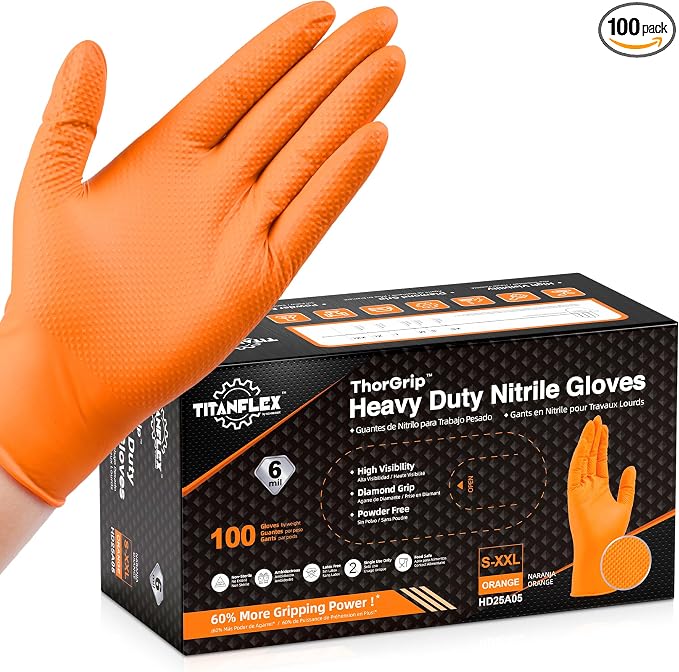 TitanFlex Heavy Duty Orange Nitrile Gloves, 6 Mil, Raised Diamond Texture by TitanFlexDisposableGloves