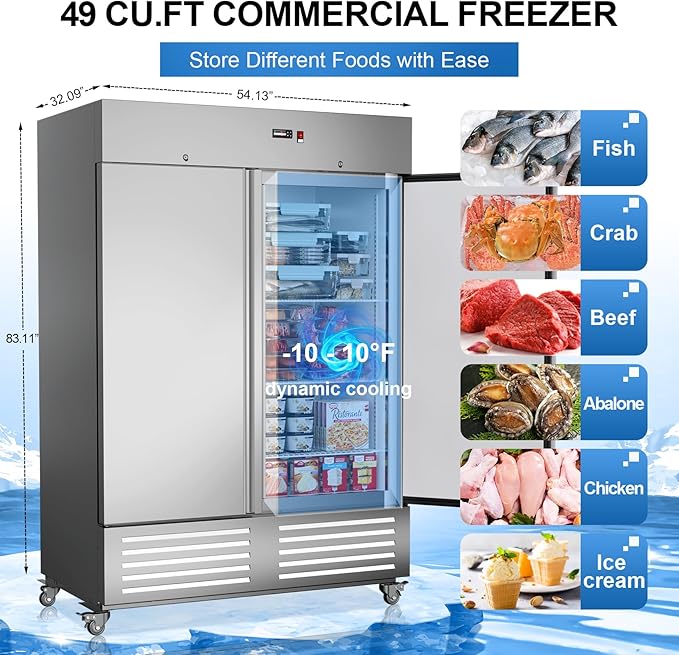 54"W 2 Door Commercial Freezer Stainless Steel 49 Cu.ft Freezers for Restaurant, Bar, Shop etc