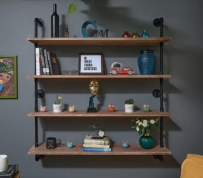 Floating Bookshelf Shelves Industrial Pipe Shelving Floating Pipe Shelf with Wood Planks 48 inch Industrial Wall Shelves Rustic Hanging Bookshelf Farmhouse Kitchen Shelving