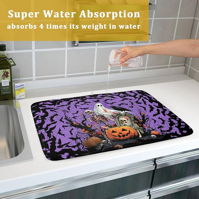 Giwawa Halloween Pumpkin Dish Drying Mat 18x24 inch Spooky Ghost Bat Dish Rack - Image 7