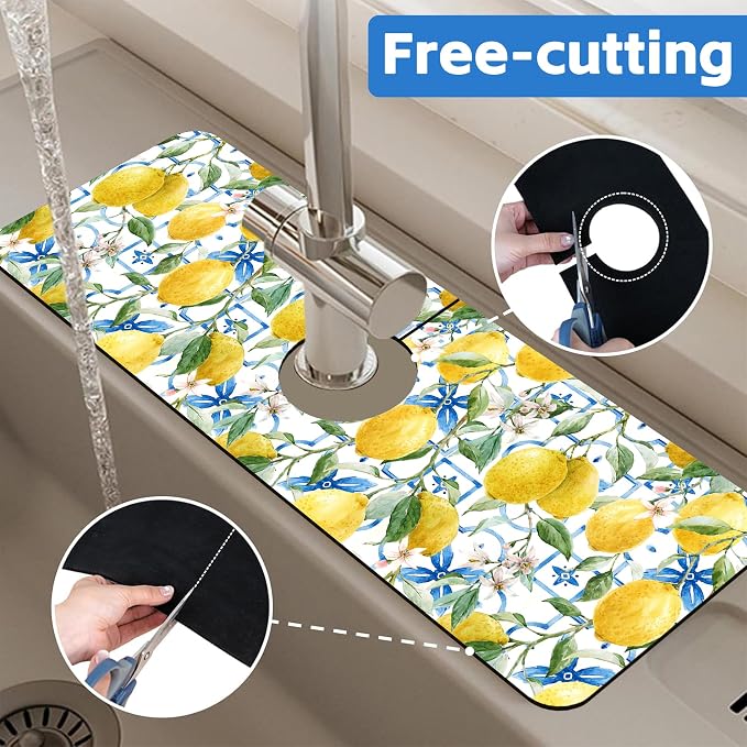 Yellow Lemons and Blue Tiles Sink Faucet Absorbing Mat Splash Guard Behind - Image 7