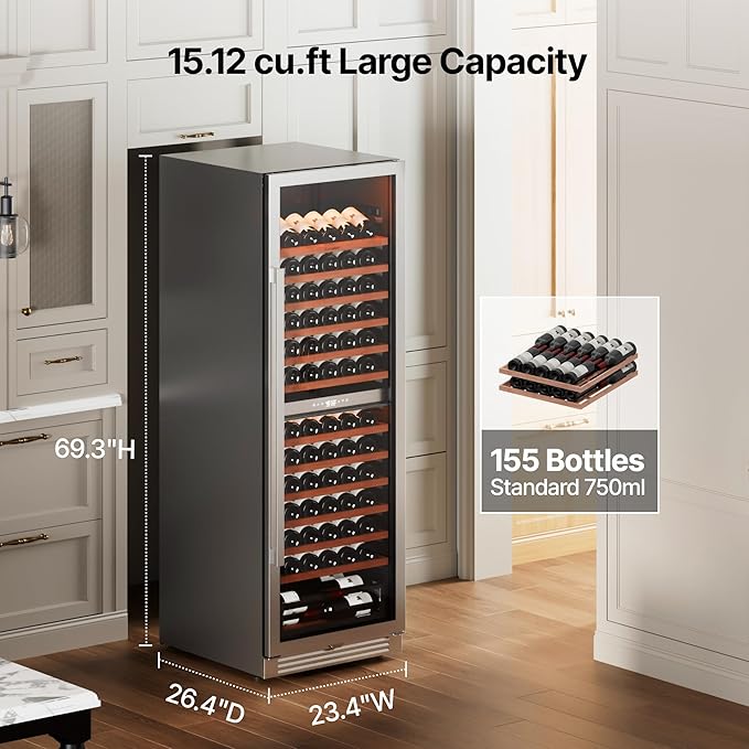 Ca'Lefort 24 Inch Wine Fridge - 155 Bottle Dual Zone Wine Cooler with Glass Door, 40-65°F Quiet Wine Refrigerator with Bottom Drawer 3 LED Light Built-in for Home/Bar/Kitchen Right-Hinged Door