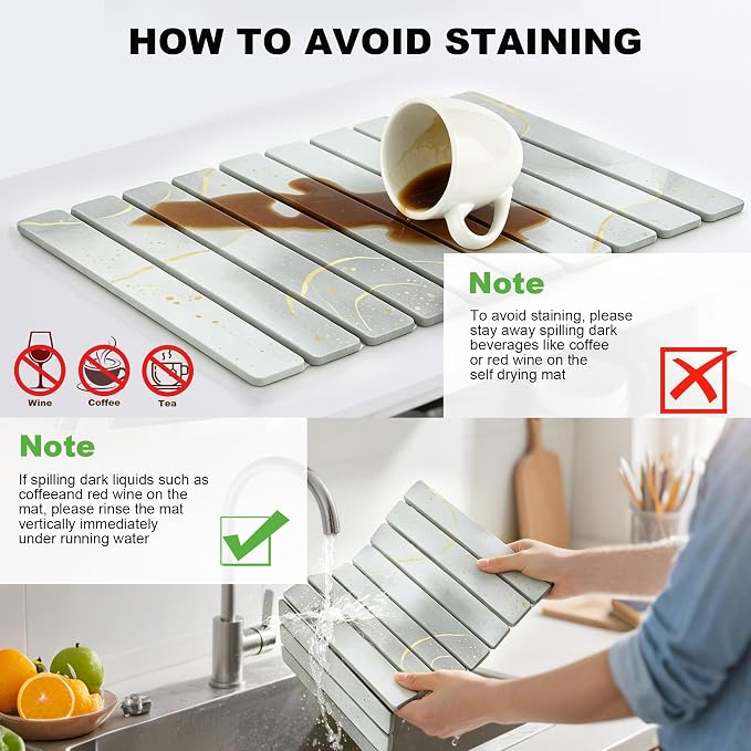 Stone Drying Mat for Kitchen Counter, Quick Diatomaceous Earth Mats for Dishes - Image 6