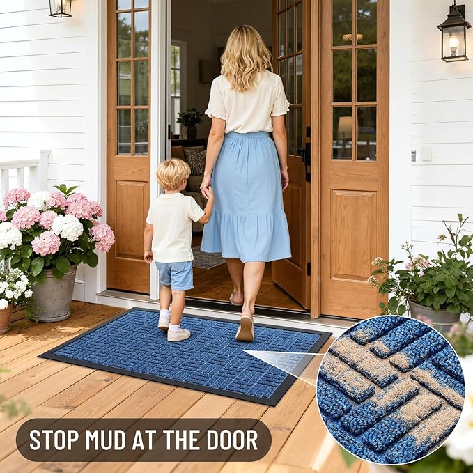 OLANLY Front Door Mat Outside Entrance 35x23, Absorbent, Heavy Duty Sturdy Natural Rubber Doormat Indoor Outdoor, Non-Slip, Stain and Fade Resistant, Low Profile Floor Mat for Entryway, Ocean Blue