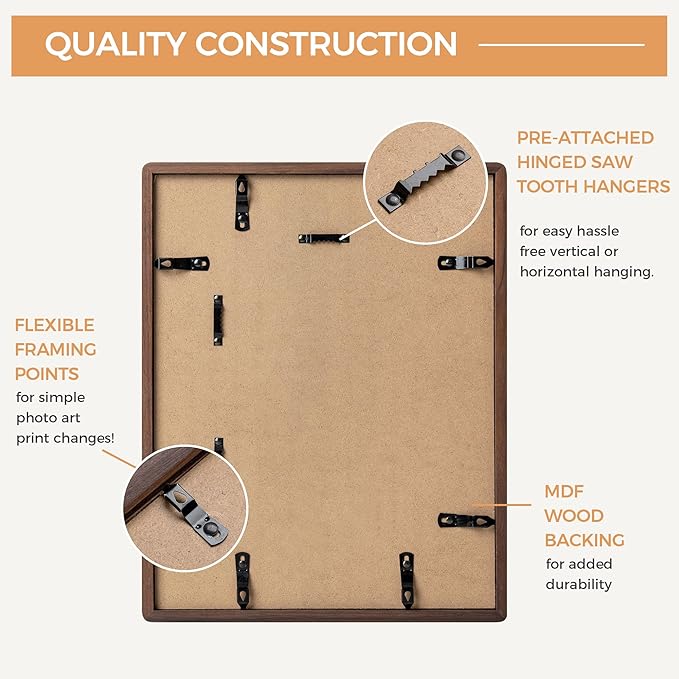 Axeman 11 x 14 Walnut Frame - Rounded Corner 11x14 Picture Frame Matted to 8x10 - Natural Walnut Wood 14x11 Photo Frame with Tempered Glass for Wall Mount Display