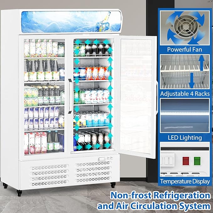 IDEALHOUSE Commercial Refrigerators, 26.8 Cu.Ft Beverage Cooler, Commercial Fridge with Glass Door Display, LED Light Adjustable Shelves Drink Cooler for Restaurant Grocery Store Home, White