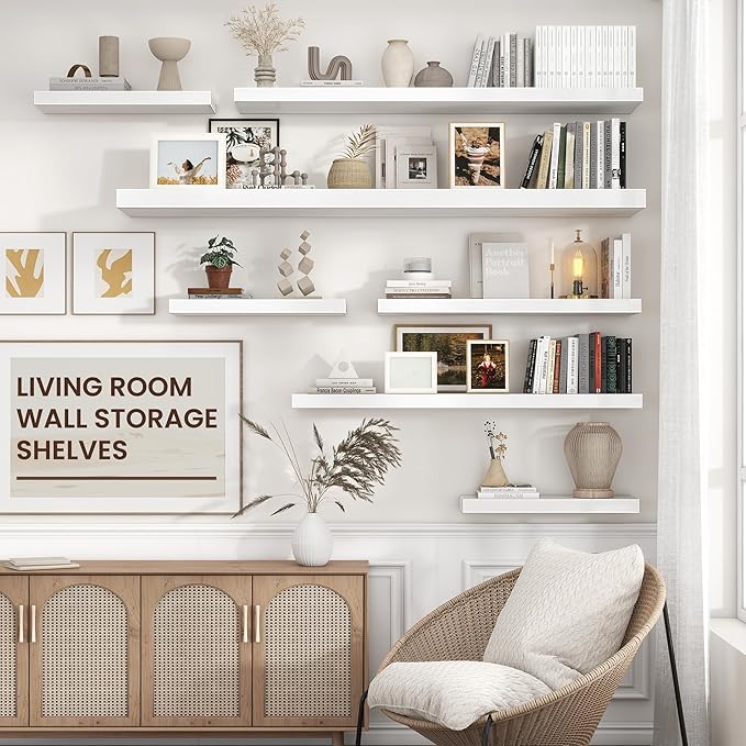 Floating Shelves for Wall 55"W x 10"D x 1.5"H, Long Engineered Wood Wall Shelves with Invisible Brackets for Living Room Bedroom Bathroom Office Kitchen Decor and Storage, White Finish, Set of 1