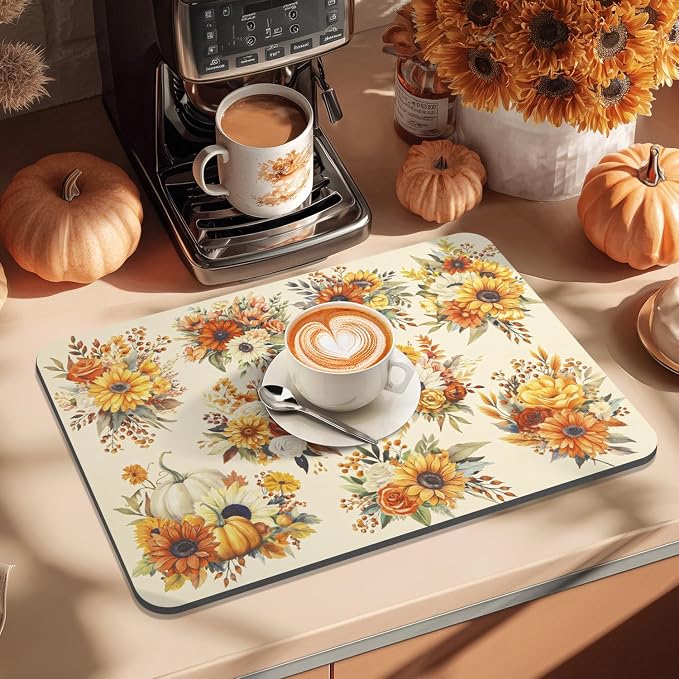 LOKHOM 12"x20" Fall Dish Drying Mat，Autumn Harvest Pumpkin Sunflower | - Image 6