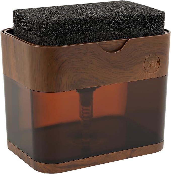 S&T INC. Dish Soap Dispenser and Sponge Holder, Plastic Walnut and Amber | by STINC