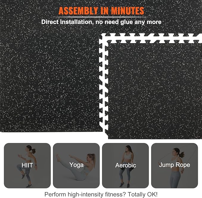 VEVOR 0.56Inch 24sq.ft 6 Tiles Gym Flooring for Home Gym, Rubber Top with High Density EVA Foam, 25 x 25In Gym Floor Exercise Equipment Mats, Interlocking Gym Mats, Puzzle Workout Mats, Black & Gray