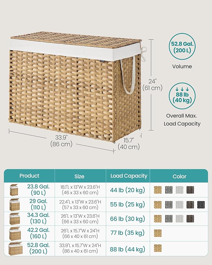 SONGMICS Laundry Hamper with Lid, 200L 4-Section Wicker Basket, 6 Mesh Bags - Image 6