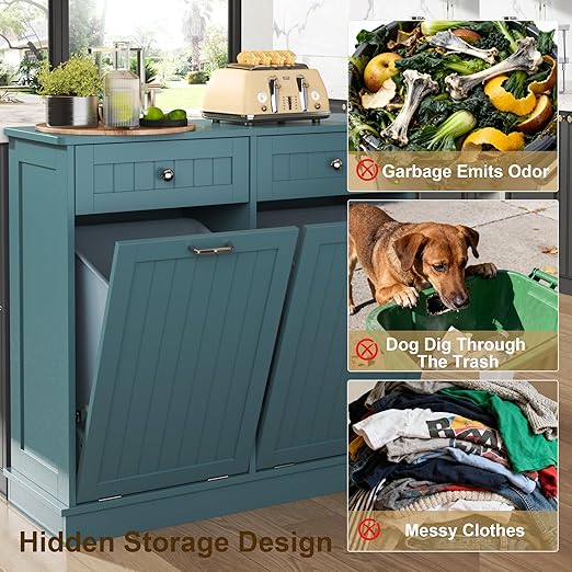 Tilt Out Trash Cabinet with Double Hidden Trash Can Holder, Kitchen Free Standing Recycling Cabinet,Dog Proof Trash Can,Wood, Teal