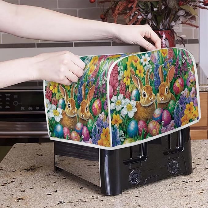 Easter Decor Toaster Cover 2 Slice Wide Slot Washable Bread Maker Covers Toaster Covers Kitchen Small Appliance Cover Stain Resistant,Easter Bunny Eggs Floral