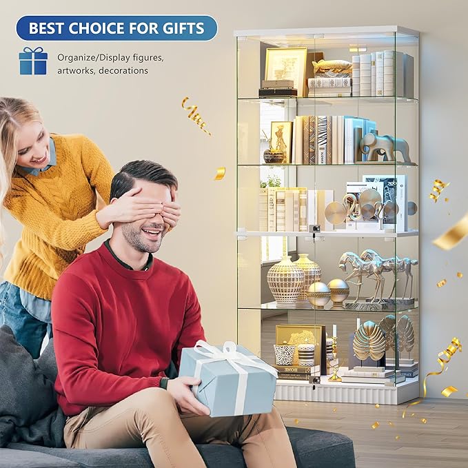 Glass Display Cabinet with RGB Lights - 5-Tiers Curio Cabinet Display Case with Lock, Frameless Tall Showcase Display Shelf for Collectibles & Legos, Living Room Bookcase Storage Cabinet (White)