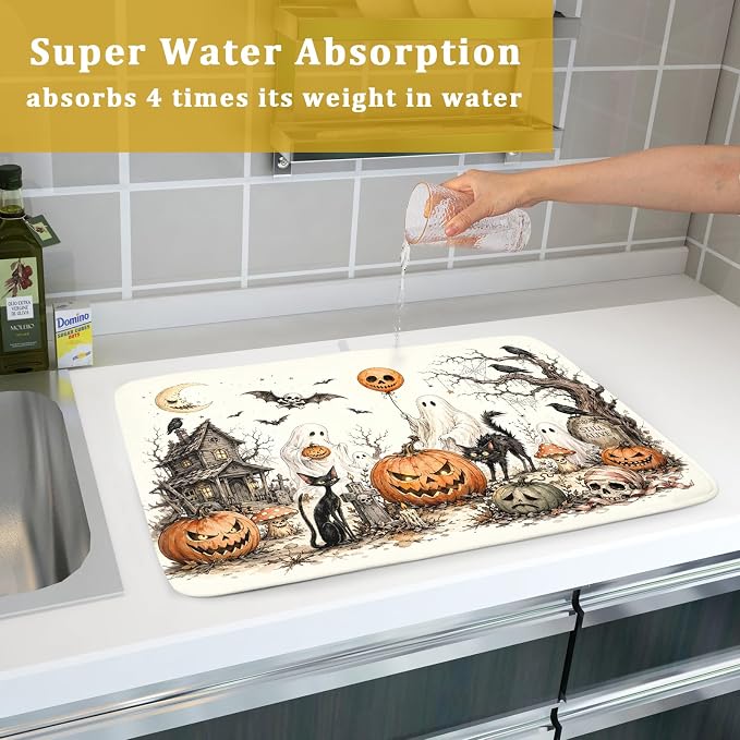 Giwawa Halloween Pumpkin Ghost Dish Drying Mat Black Cat Microfiber Dishes Pad - Image 7