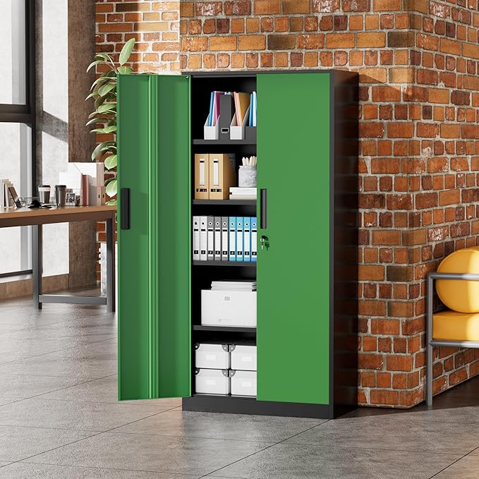 Greenvelly Metal Garage Storage Cabinet with 2 Doors and 4 Adjustable Shelves, 72”H Steel Lockable Storage Cabinet,Tall Metal Cabinet Locking File Cabinet for Office,Home, Garage, Gym, School