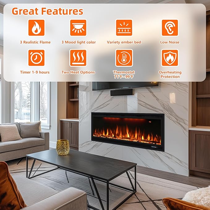 Electric Fireplace 42 inch, Recessed Wall Mounted Fireplace Heater, Linear in-Wall Fireplace, Logs & Crystal Options, 750/1500W, Black (42")