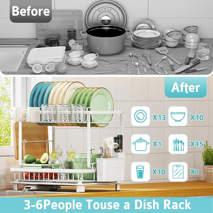 2-Tier Dish Drying Rack for Kitchen Counter, Space-Saving, Auto Drain Spout - Image 7