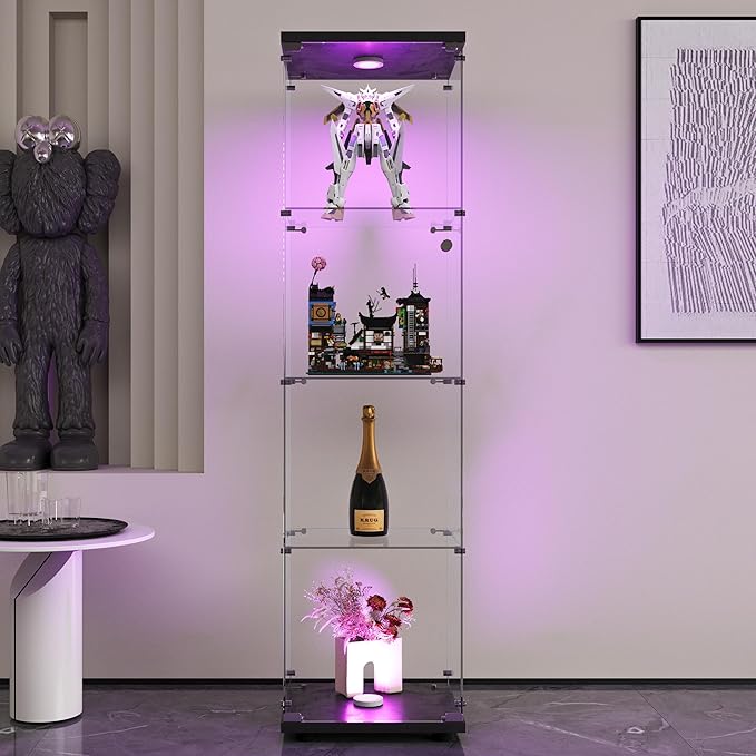 Yoluckea 4 Shelves Glass Display Cabinet with LED Light and Door, Floor Standing Clear Glass Curio Cabinet Collection for Living Room Bedroom 64.7”x16.7”x 14.3” Black(Upgrade Assembly)