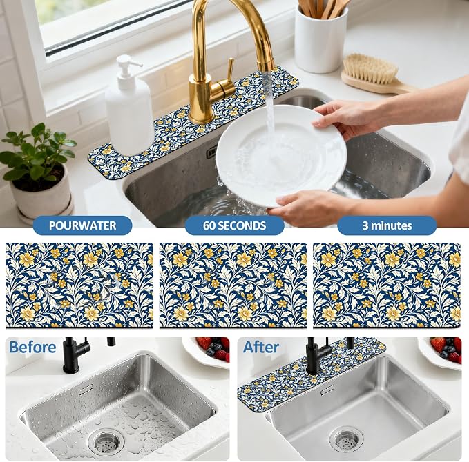 2Pcs Vintage Leaves Kitchen Sink Splash Guard Faucet Mat Scrolling Vines - Image 5