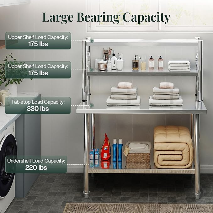 48"x24" NSF Stainless Steel Work Table with Overshelves, Adjustable Shelf & Hooks, NSF-Certified Heavy-Duty Prep Station for Commercial Kitchen, Restaurant, or Garage