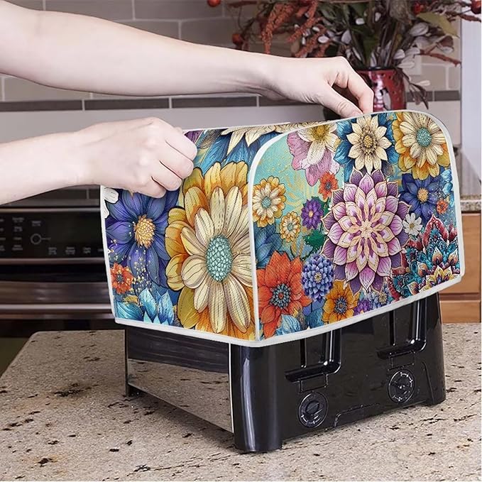 UNICEU Boho Flower Bright Blossom 4 Slice Quilted Toasters Cover, Dust-proof Toasters Cover Bread Maker Cover Kitchen Small Appliance Dust Cover