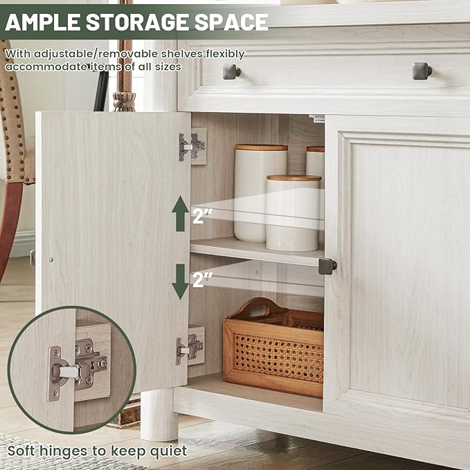 Farmhouse Sideboard Buffet Cabinet with Drawers, 59" Large Credenza Kitchen Storage Cabinets with Shelves & 4 Doors, Wood Rustic Coffee Bar Console Table for Living Room, White
