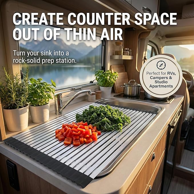 304 Stainless Steel Rollable Cutting Board – Space-Saving Over-the-Sink Workstation for RVs and Small Kitchens – Rust-Proof Heat Resistant Dishwasher Safe Non-Slip Multi-Use Prep Mat (16.7" L x 13" W)
