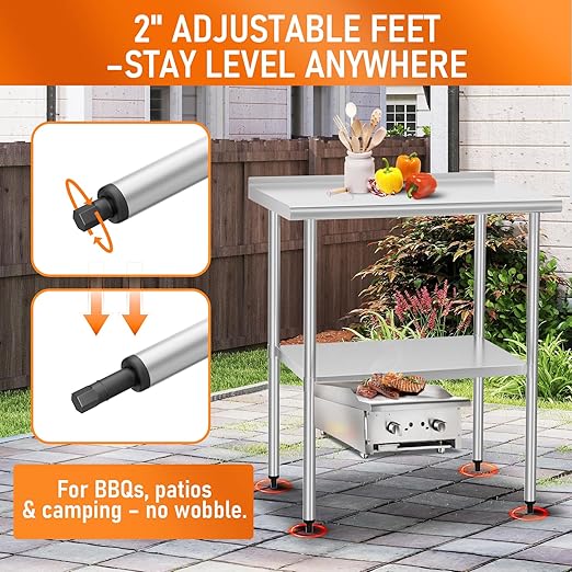 HOCCOT Stainless Steel Table 24" x 30" with Adjustable Undershelf and Backsplash, Commercial Metal Workstations for Kitchen, Garage, Outdoor BBQ