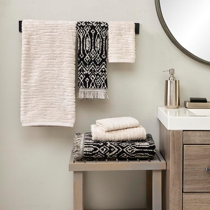 SKL Home CloudSoft/Nador Bath Towel Set-6pc, 100% Cotton, Oatmeal/Black | 2 - Image 2