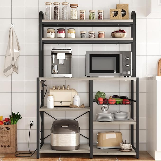 Garvee 5-Tier Bakers Rack with Wire Basket, Microwave Stand with Built-in Power Outlets, Coffee Bar Station, and Open Kitchen Shelving for Spices, Dishes and Pots, Gray