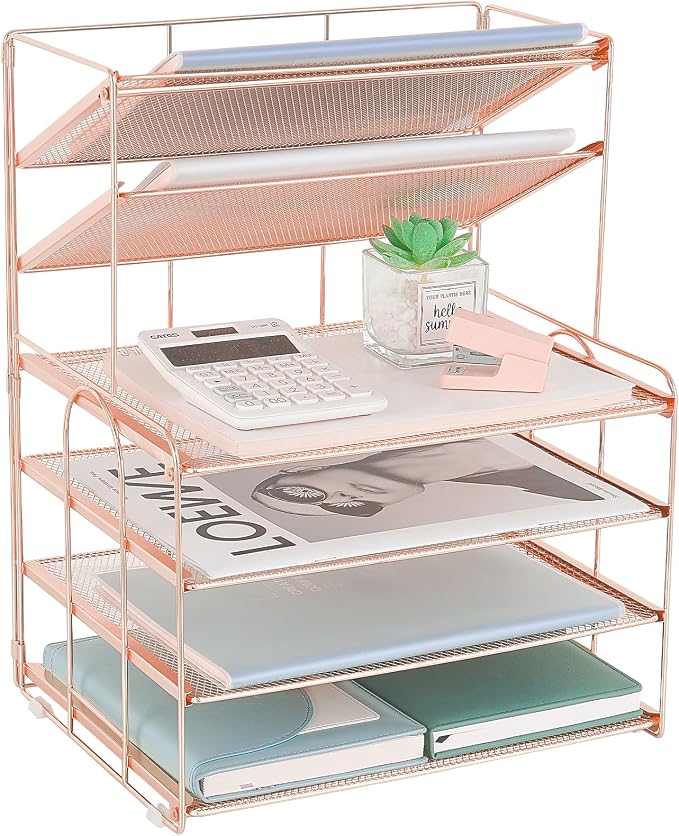 OPNICE Desk Organizer, 6-Tier Paper Organizer Letter Tray, Rose Gold | Desk by OPNICE
