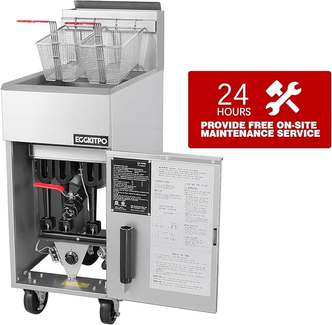 EGGKITPO Commercial Liquid Propane Gas Fryer 3 Burnner 90,000 BTU CSA Certified Commercial Deep Fryer with 40lb. Oil Capacity Stainless Steel Floor Fryer with 2 Baskets for Restaurant and Business Use