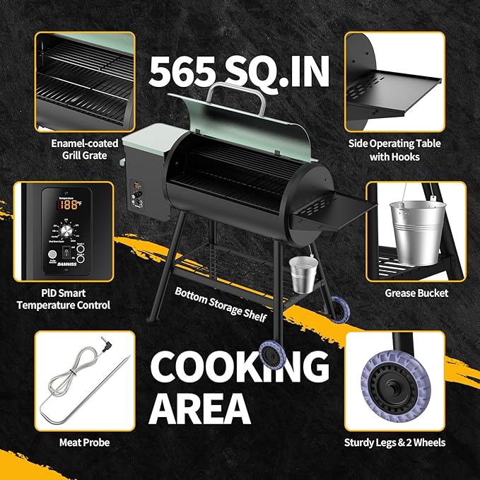 Electric Pellet Smoker Grill Combo 8 In 1 Wood Grill Smoker 565 Sq.In Cooking Area with Meat Probe & Side Table with Hooks PID Controller, Auto Temperature Control 500°F Max