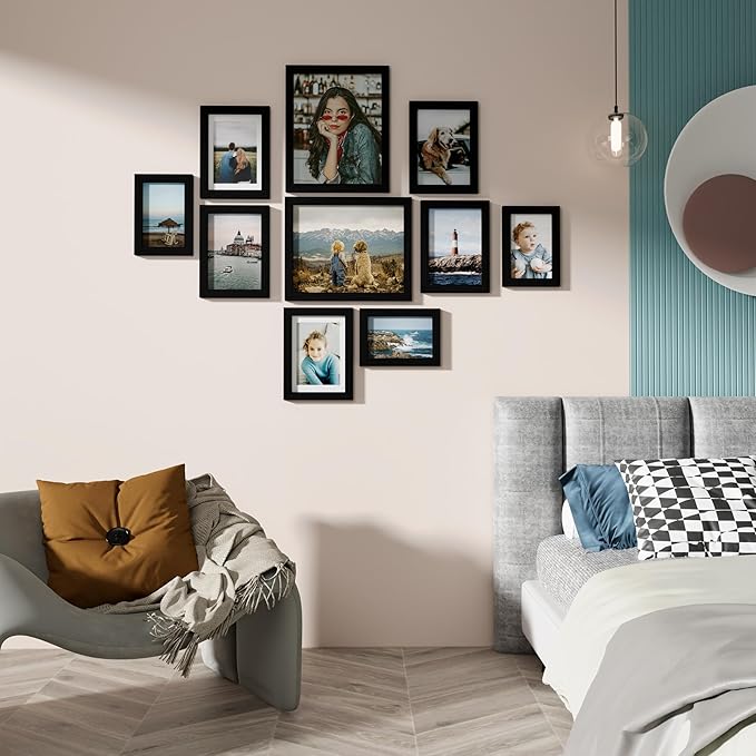 Vittanly 10 Pack Picture Frames Collage Wall Decor, Gallery Wall Frame Set for Wall or Tabletop Display, Engineered Wood and Shatter-resistant Plexiglass, Multi Sizes with 8x10, 5x7, 4x6 Frames, Black