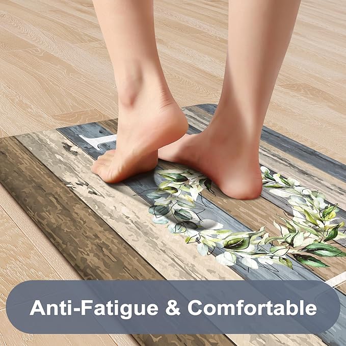 KIMODE Farmhouse Kitchen Floor Mats Cushioned Anti Fatigue,Memory Foam Rugs Non Slip Sets of 2,Long Waterproof Carpet for Sink Laundry Office Bathroom,Blue 17"x59"+17"x29"
