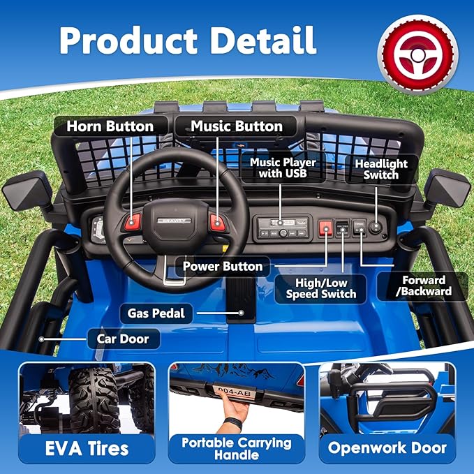 Sopbost 24V 7Ah 2 Seater Ride On Truck Ride On Toy for Big Kids Ride On Car with Remote Control Off-Road Electric Car with Shock Absorber, LED Lights, Bluetooth Music Player, EVA Tires, Blue