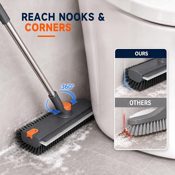 Floor Scrub Brush with Long Handle, 3-in-1 with Squeegee & Stiff Bristles | - Image 4