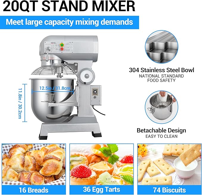 20Qt 1100W Commercial Food Mixer, Commercial mixer 3-Speed Adjustable Heavy Duty Stand Mixer with Stainless Steel Bowl for Bakery Pizzeria.
