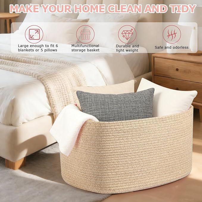 Large 75L Woven Laundry Basket, Collapsible Cotton Rope Storage Hamper - Image 5