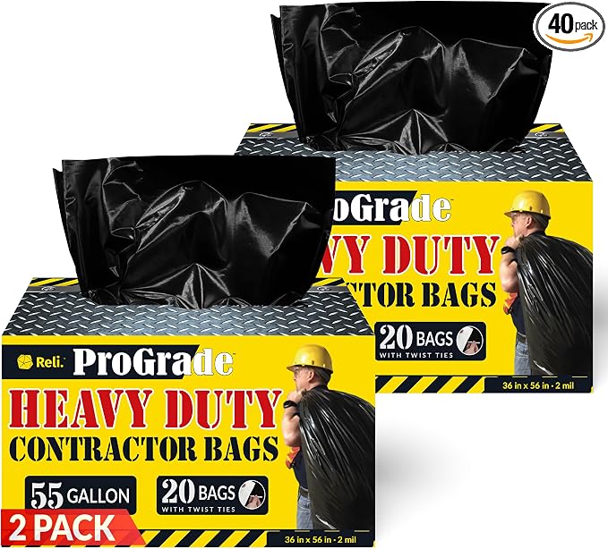 Reli. Contractor Garbage Bags 55 Gallon | Heavy Duty | 40 Trash Bags, Twist Ties by Reli